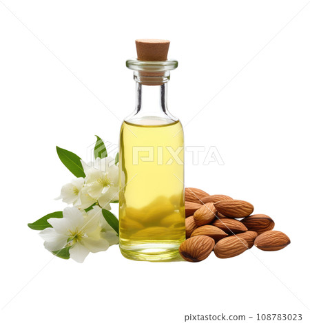 Organic Almond Oil Bottle and Nuts 108783023
