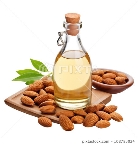 Organic Almond Oil Bottle and Nuts 108783024