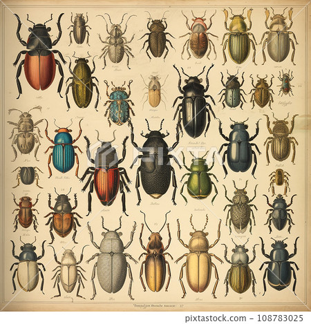 Antique retro book of insect beetles identification book, drawing engraving style	 108783025