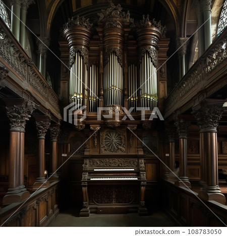 Vintage retro church organ, metal pipes, beautiful carved pattern on old wood, close-up 108783050