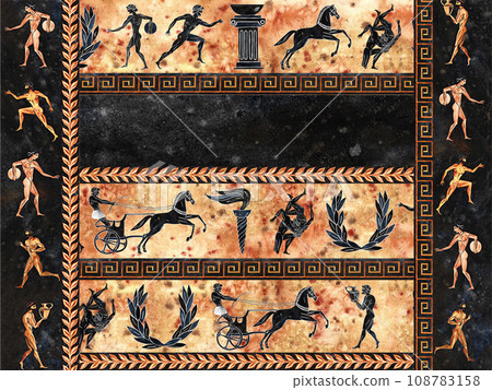A pattern with ancient Greek athletes. In the style of ancient Greek painting. Hand-painted in watercolor. For packaging, labels, postcards. For posters, flyers and presentations. A pattern with ancient Greek athletes. In the style of ancient Greek painting. Hand-painted in watercolor. For packaging, labels, postcards. For posters, flyers and presentations. 108783158