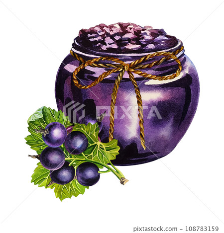 A jar of blackcurrant jam. Watercolor illustration drawn by hand. Isolate. For labels, packaging and banners. For textiles, prints and stickers. For menus, invitation cards. 108783159