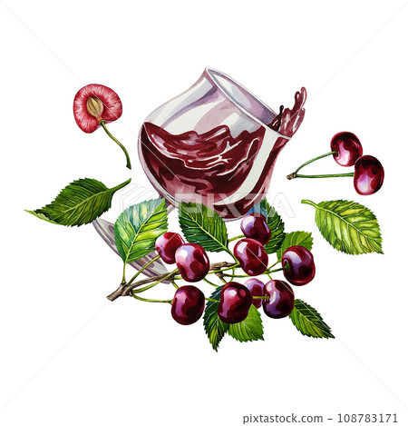 A glass of cherry juice. Ripe and juicy cherries. A hand-drawn watercolor illustration. For the design of labels, packaging and banners. For textiles, prints and stickers. For menus, invitation cards. 108783171