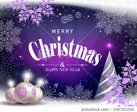 Christmas card in purple tones with rays of light and an abstract Christmas tree 108783208
