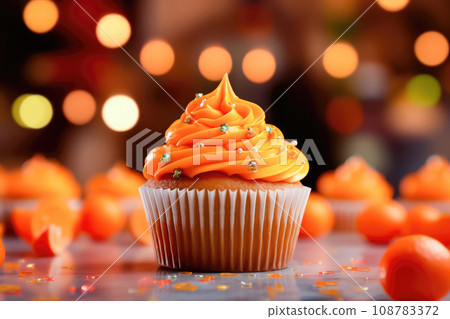 Festive Cupcake Delight: Creamy Citrus Treat on Bokeh Background - Generative AI 108783372