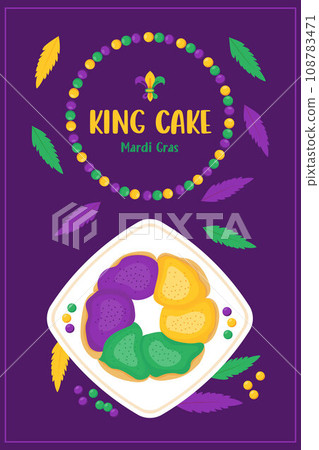 Traditional festive King Cake on plate top view. Mardi Gras carnival. Holiday Fat Tuesday. Vector vertical illustration in cartoon style Traditional festive King Cake on plate top view. Mardi Gras carnival. Holiday Fat Tuesday. Vector vertical illustration in cartoon style 108783471