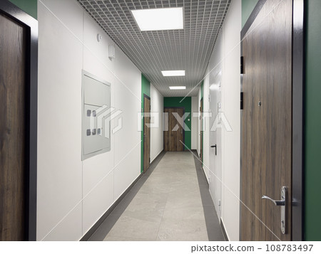 the landing is a corridor in a modern apartment building 108783497