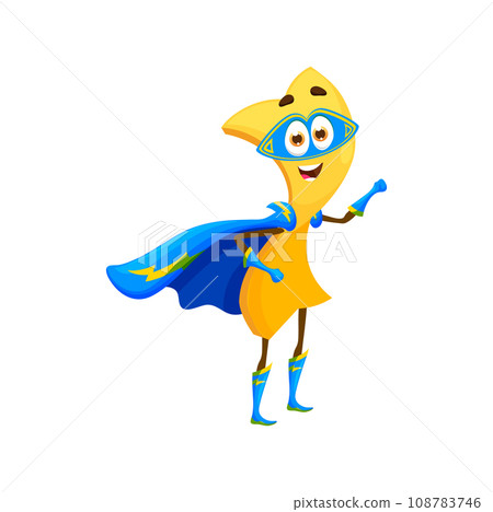 Cartoon lasagna pasta superhero character. Isolated vector quirky and fun super hero wear blue cape and mask. Crime-fighting defender or vigilante food personage for recipe, comic book or animation 108783746