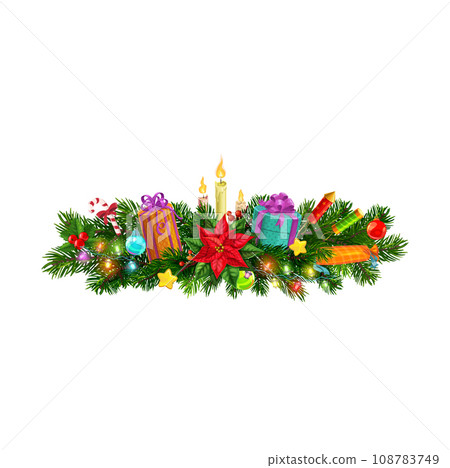 Christmas fir pine branch border. Christmas festive, happy New Year or merry Xmas celebration vector border. Winter holiday decoration background with poinsettia flower, gifts, candle and fireworks 108783749