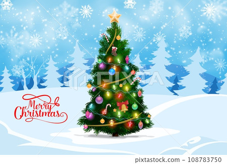 Cartoon Christmas pine tree on snow. Vector holiday poster or greeting card with decorated spruce in winter forest surrounded by snowdrifts and tree silhouettes, twinkling lights and sparkle star 108783750