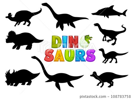 Cartoon dinosaurs cute characters silhouettes. Extinct animal, prehistoric lizard comical vector personage. Plesiosaurus, Centrosaurus, Elasmosaurus and Plateosaurus, Jaxartosaurus, Raptor cute mascot 108783758