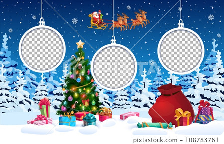 Christmas winter forest landscape with paper cut baubles and decorated pine tree. 3d vector round toy frame templates. Holiday greeting card with snowy winter wood, Santa flying on sleigh and gifts 108783761