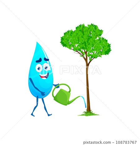 Cartoon happy water drop character watering tree, vector icon with cute mascot face. Blue water drop with smile and watering can for tree plant grow, funny raindrop or droplet character 108783767