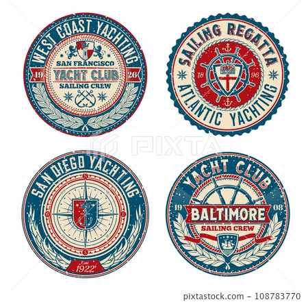 Yacht club retro patch, regatta badge. Sea sailing and navigation vector retro labels. Nautical regatta round badge or yachting sport grunge symbols with coat of arms, compass and laurel wreath 108783770
