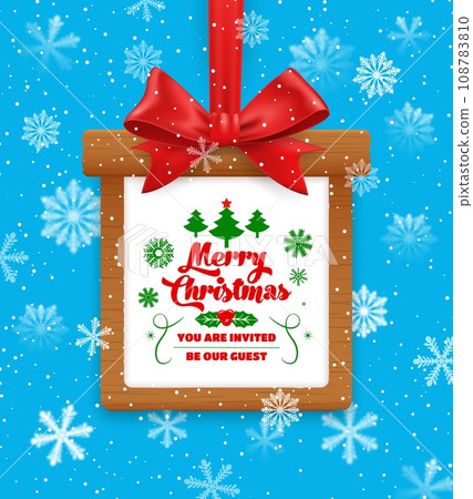 Christmas frame with red bow and snowflakes. Vector border in shape of gift box of wood texture with glossy ribbon and festive wishes. Invitation tag hang on blue background with falling snow flakes 108783810