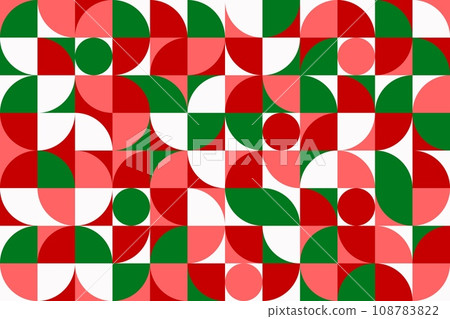 Christmas modern Scandinavian geometric pattern grid, vector background. Red green abstract circle and color shapes Scandinavian pattern or seamless Nordic Bauhaus geometric semi circles tile 108783822