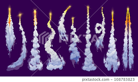 Cartoon rocket smoke trail, missile flight path with fire flame or blast jet, vector plane launch effects. Rocket engine smoke trail or cloud steam of spaceship, spacecraft or ballistic rocket Cartoon rocket smoke trail, missile flight path with fire flame or blast jet, vector plane launch effects. Rocket engine smoke trail or cloud steam of spaceship, spacecraft or ballistic rocket 108783823