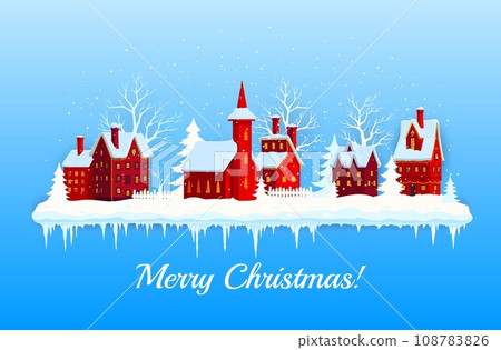 Christmas poster with snowy winter town. Christmas festive, winter season holiday or merry Xmas greeting vector banner. Happy New Year celebration background or greeting card with snowy town buildings 108783826