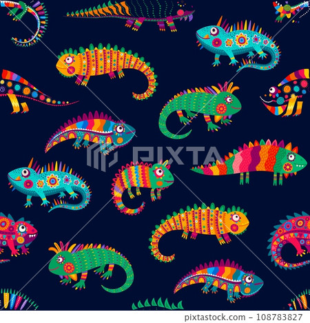 Cartoon Mexican iguana lizards characters, vector seamless pattern background. Colorful exotic pattern of iguana lizard animals with Mexican folk ethnic ornament, reptiles in Latin alebrije pattern 108783827