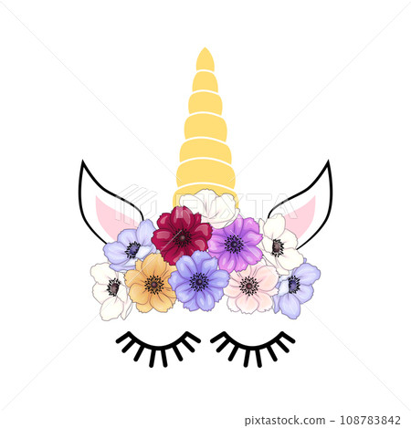 Cute unicorn head with flower crown. Cute unicorn head with flower crown. 108783842