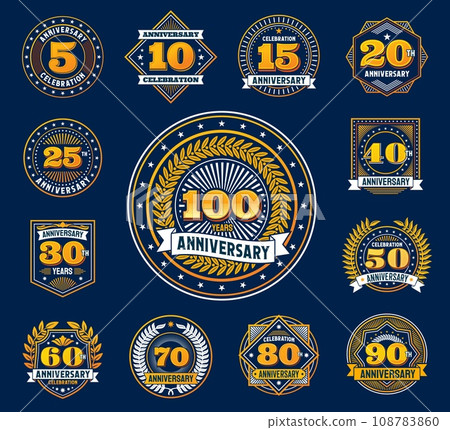 Birthday badge and label anniversary, jubilee seal, party number marks with vector ribbon banners, laurel wreaths and stars. Round, square and shield badges set of birthday and anniversary celebration Birthday badge and label anniversary, jubilee seal, party number marks with vector ribbon banners, laurel wreaths and stars. Round, square and shield badges set of birthday and anniversary celebration 108783860