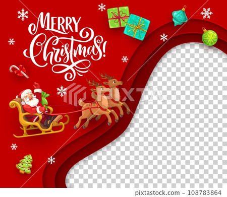 Christmas paper cut greeting card with Santa on sleigh and flying gifts. Winter season, Merry Christmas background or New Year papercut vector greeting card with Santa and reindeer cartoon characters 108783864