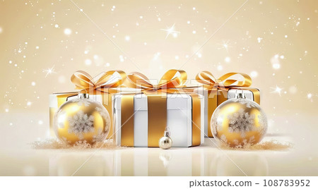 Elegant Gift Box with Festive Golden Ribbon and Christmas Ornaments - Generative AI 108783952
