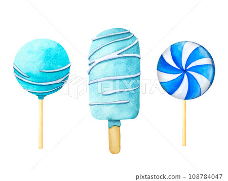 Cake on a stick, cake pops in blue glaze with confectionery striped, blue glossy candies, spiral lollipop, sugar caramel, striped bonbons. Watercolor illustration from set of sweets for decoration and 108784047