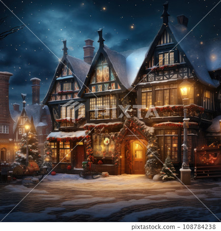 Vintage style snowy Christmas village scene street with street lamps 108784238