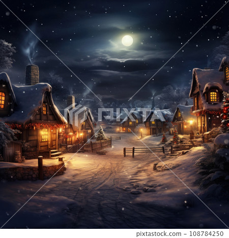 Vintage style snowy Christmas village scene street with street lamps 108784250