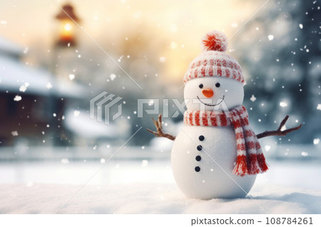 Cute little snowman in knitted hat and scarf standing outside on a winters day 108784261