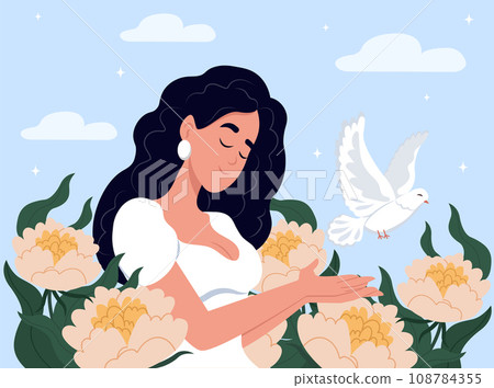 Peace. No war. Vector illustration of doves of peace, poster and banner design. Dove of peace and woman. World Peace Day. Peace symbol, horizontal banner. Peace. No war. Vector illustration of doves of peace, poster and banner design. Dove of peace and woman. World Peace Day. Peace symbol, horizontal banner. 108784355