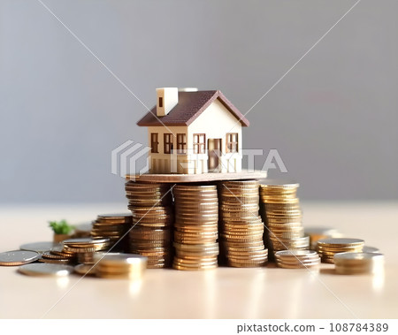 house model and coins on white background. real estate and investment concept. 108784389