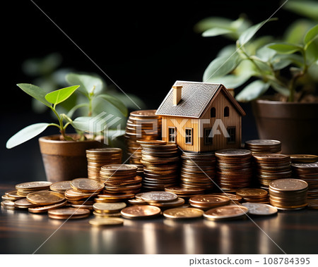 house model and coins on white background. real estate and investment concept. house model and coins on white background. real estate and investment concept. 108784395