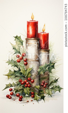 Candles surrounded by holly leaves 108784743