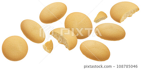 Falling sponge cakes, butter cookies isolated on white background 108785046