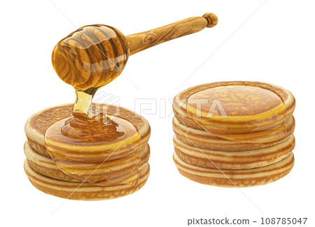 Stack of pancakes with dripping honey isolated on white background 108785047