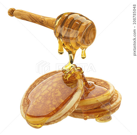 Stack of pancakes with dripping honey isolated on white background Stack of pancakes with dripping honey isolated on white background 108785048