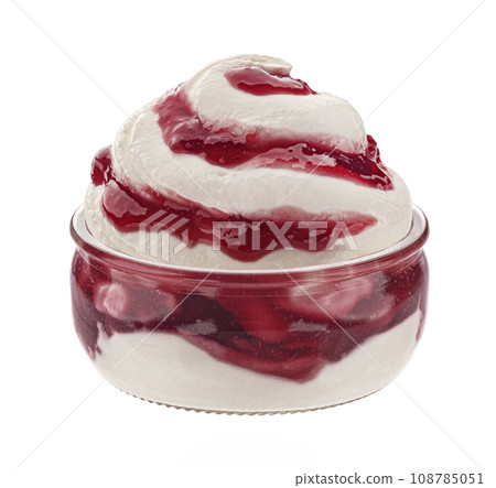 Glass bowl of yogurt with red berry jam isolated on white background 108785051
