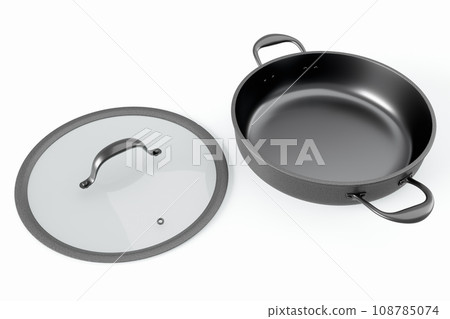 Stainless steel frying pan with glass lid and chrome cookware on white 108785074