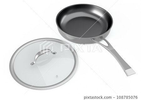 Stainless steel frying pan with glass lid and chrome cookware on white Stainless steel frying pan with glass lid and chrome cookware on white 108785076