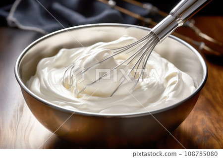 Metal bowl with whisk for preparation of whipped cream, homemade sour cream or hand cream. Pure creamy background 108785080