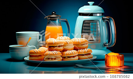 Electric kitchen appliances and utensils like mixer and machine for mixing ingredients on a blue counter top Electric kitchen appliances and utensils like mixer and machine for mixing ingredients on a blue counter top 108785082