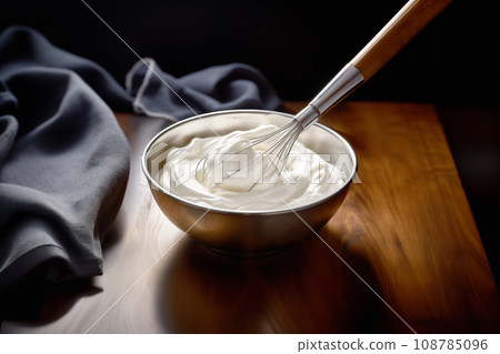 Metal bowl with whisk for preparation of whipped cream, homemade sour cream or hand cream. Pure creamy background Metal bowl with whisk for preparation of whipped cream, homemade sour cream or hand cream. Pure creamy background 108785096