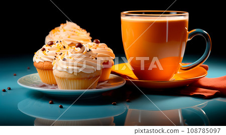 A glass of cappuccino sitting on a platter with cupcakes on dark background. Take away coffee and doughnuts, delivery concept A glass of cappuccino sitting on a platter with cupcakes on dark background. Take away coffee and doughnuts, delivery concept 108785097