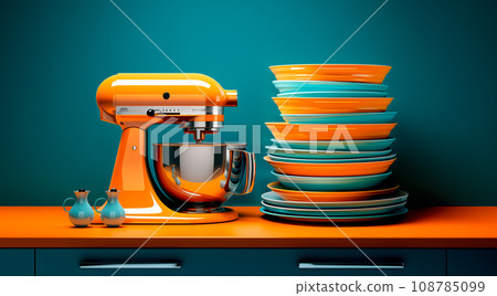 Electric kitchen appliances and utensils like mixer and machine for mixing ingredients on a blue counter top Electric kitchen appliances and utensils like mixer and machine for mixing ingredients on a blue counter top 108785099