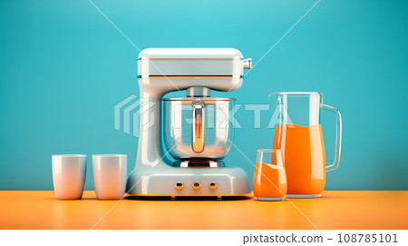 Electric kitchen appliances and utensils like mixer and machine for mixing ingredients on a blue counter top Electric kitchen appliances and utensils like mixer and machine for mixing ingredients on a blue counter top 108785101