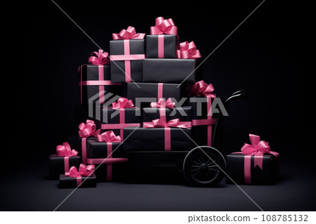 A bunch of black Christmas gifts with pink ribbons. Realistic black gifts boxes for Black Friday sale. A bunch of black Christmas gifts with pink ribbons. Realistic black gifts boxes for Black Friday sale. 108785132