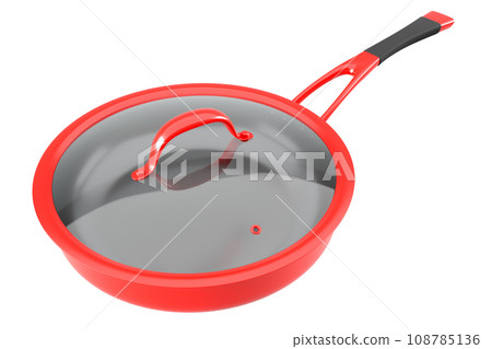 Stainless steel red frying pan with glass lid and chrome cookware on white 108785136