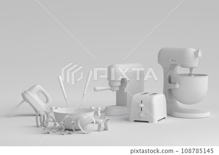 Mixer and bowl with kitchen utensil for preparation of dough on monochrome 108785145